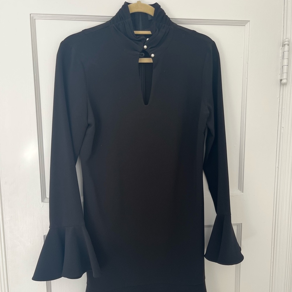 Intermix mock neck dress with pearl clasp
